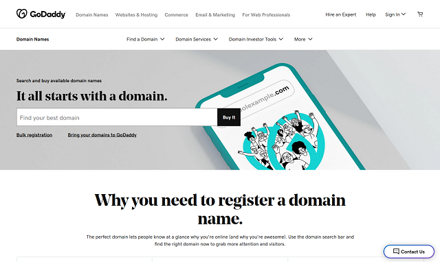 Screenshot of GoDaddy website homepage