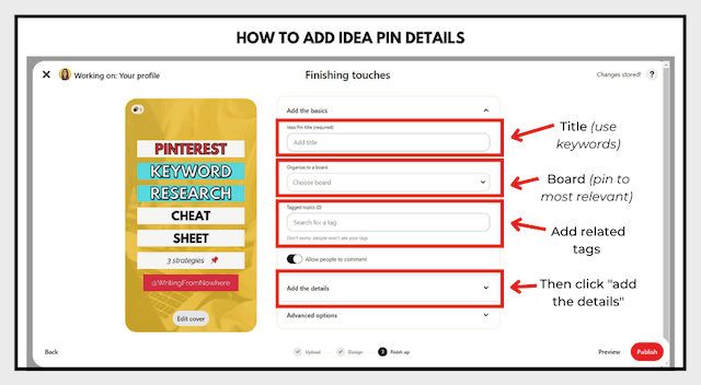 Example of how to add idea pin details