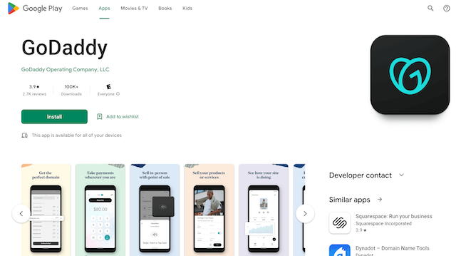 Screenshot of the GoDaddy mobile app install button on Google Play