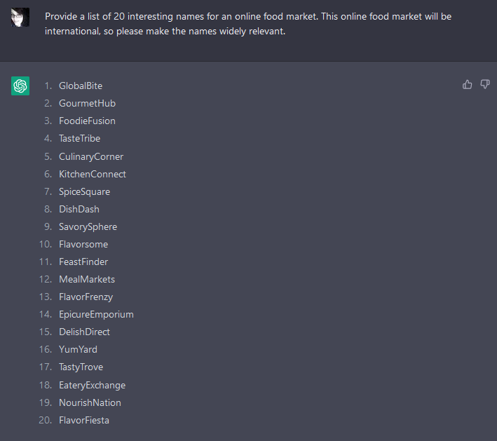 Screenshot of ChatGPT with the prompt asking for 20 interesting food company name ideas.