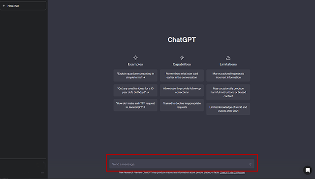 ChatGPT home page with the chat bar highlighted