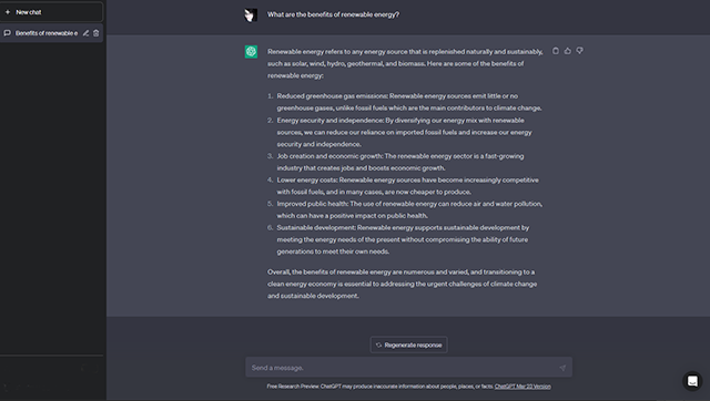 ChatGPT page displaying the results of the query "What are the benefits of renewable energy?”