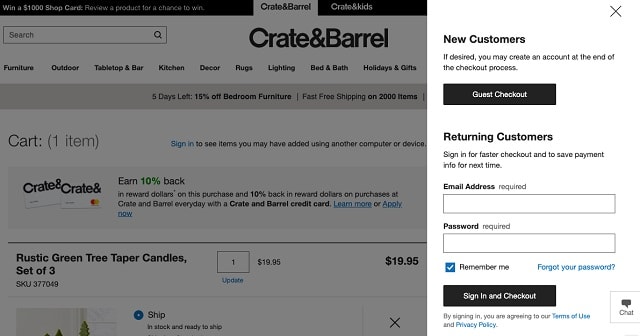 Crate and Barrel Guest Checkout