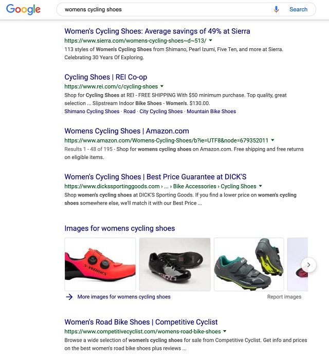 eCommerce SEO Womens Cycling Shoes Example