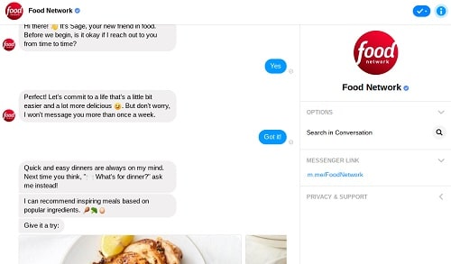 Screenshot Of Food Network Chatbot On Facebook Messenger