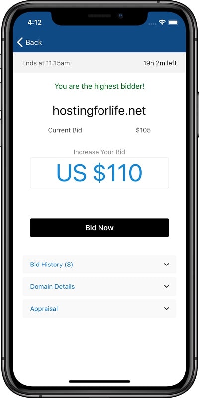 GoDaddy Investor App Bidding Page