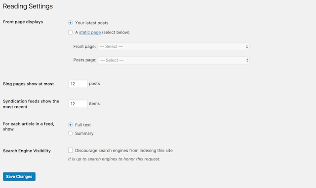 WordPress Website Reading Settings