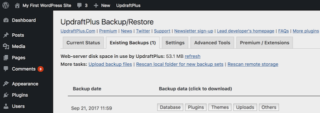 Updraft Backup/Restore Backup List