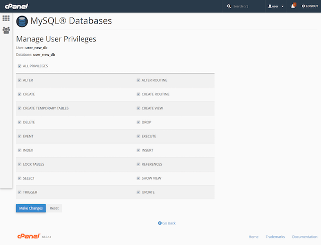 MySWL Database User Privileges