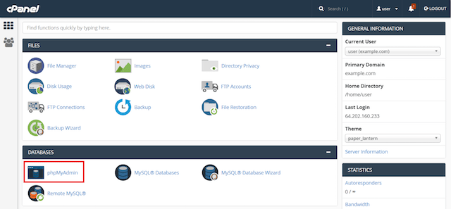 cPanel File and Database List