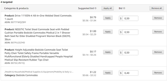 Product Targeting Assign Bids