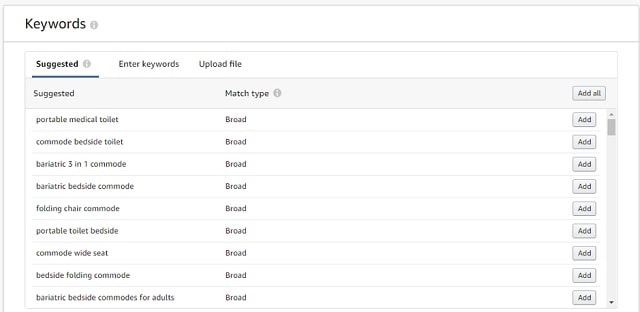Product Targeting Keywords Results