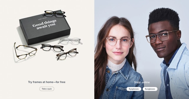 Warby Parker split their 2017 website into two halves.