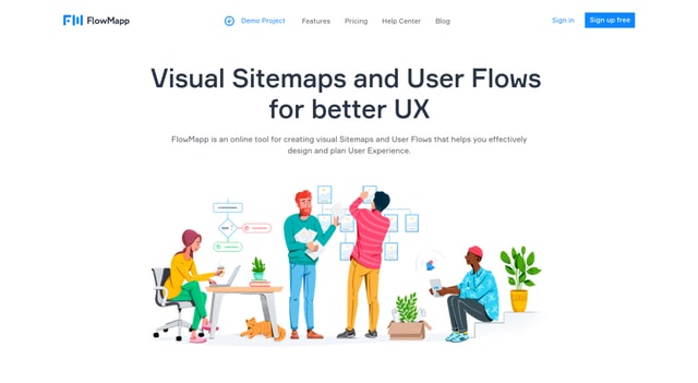 FlowMapp's custom illustrations bring a friendly feel to the site.