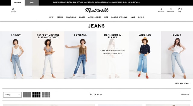 Fashion retailer Madewell displays a short caption when a user hovers over a product image.