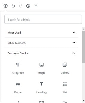 WordPress-5-Gutenberg Selection Of Blocks