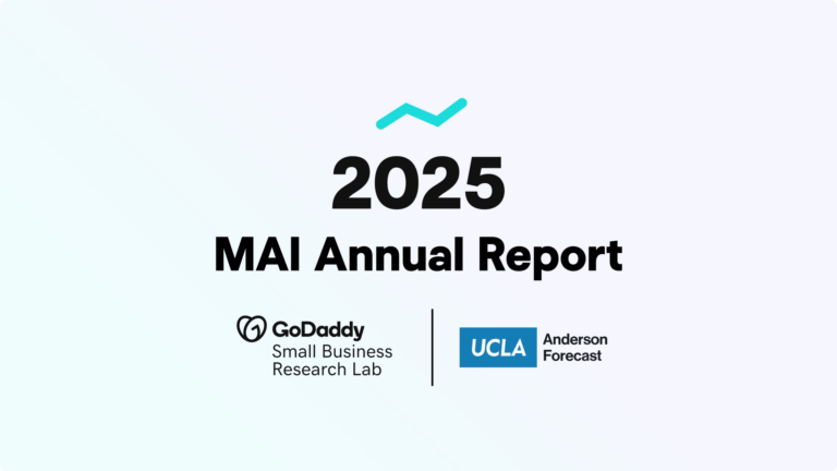 Title slide for the 2025 MAI Annual Report featuring a teal upward trend line icon above bold text reading '2025 MAI Annual Report.' Below are logos for GoDaddy Small Business Research Lab and UCLA Anderson Forecast.