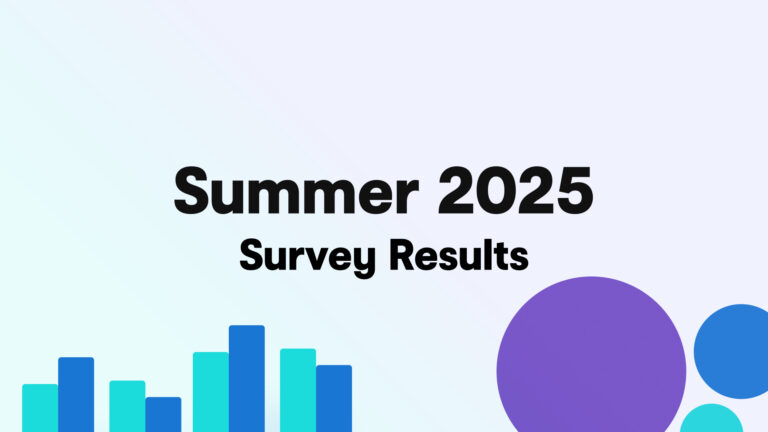 Title slide with the heading ‘Summer 2025 Survey Results’ in bold black text. The background has a soft gradient of light blue and lavender. Colorful bar and circle chart elements in teal, blue, and purple appear along the bottom and right edge, suggesting data visualization.