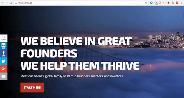 Screenshot of 500 Startups homepage with url displayed on top