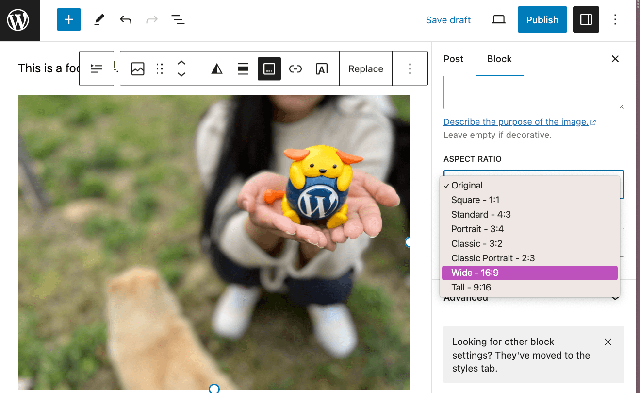 An Image is inserted in the WordPress 6.3 post editor. At the right, the block settings show the aspect ratio drop down for users to select a different ratio.