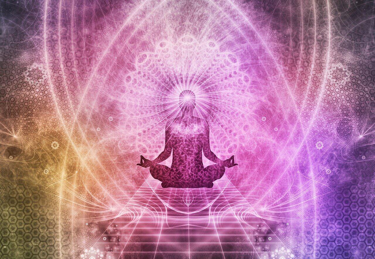 Colorful graphic showing a human figure meditating