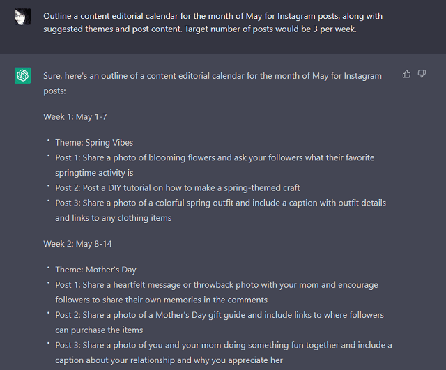 ChatGPT responses to the prompt requesting an editorial calendar for the month of May.