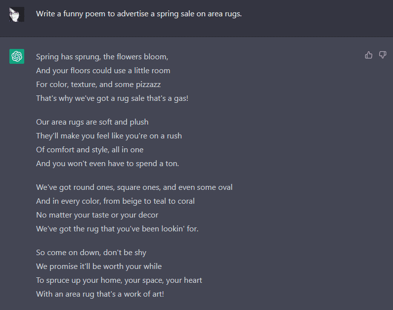 ChatGPT response to the prompt "Write a funny poen to advertise a spring sale on area rugs"