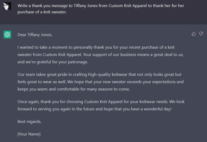 ChatGPT response to a prompt requesting a thank you note for a customer