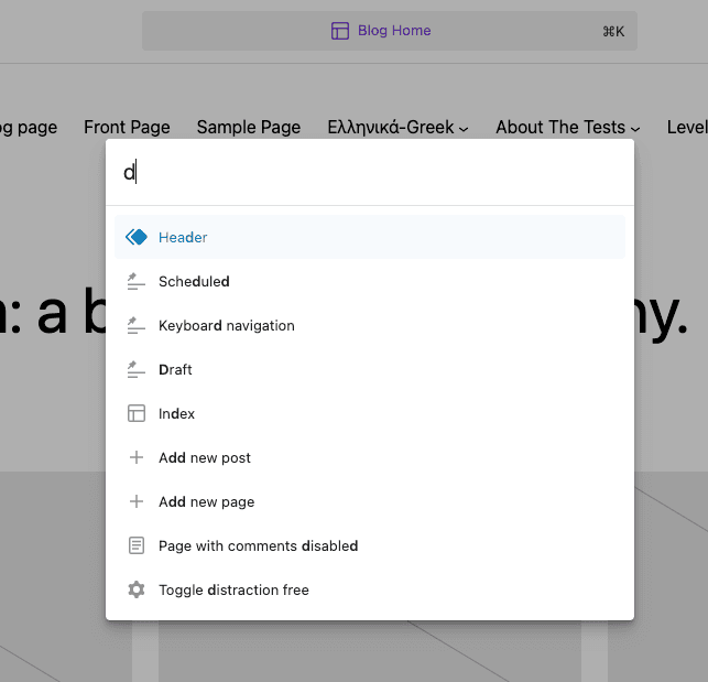 View of the Site Editor where the user has entered Command K to launch the Command Palette. On the search box, they've typed the letter d.