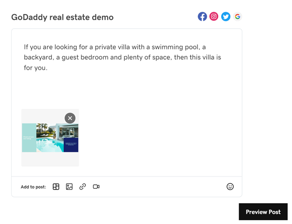 A screenshot of the GoDaddy website builder about to publish a post on social media