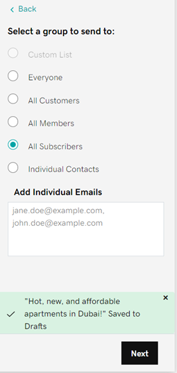 A screenshot of the GoDaddy website builder being used to send email campaigns and choosing recipients