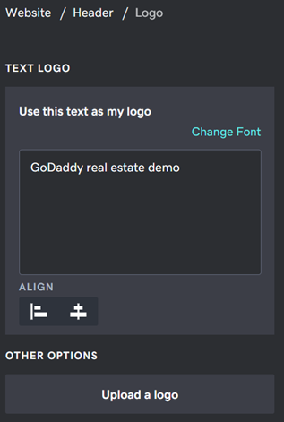 A screenshot of the GoDaddy website builder showing how to upload a logo