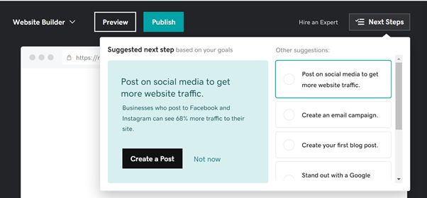 A screenshot of the GoDaddy website builder showing the next step of posting on social media