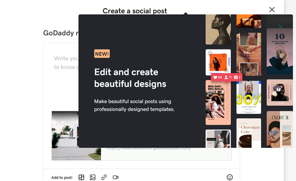 A screenshot of the GoDaddy website builder showing the option of using the GoDaddy studio to create a social media post