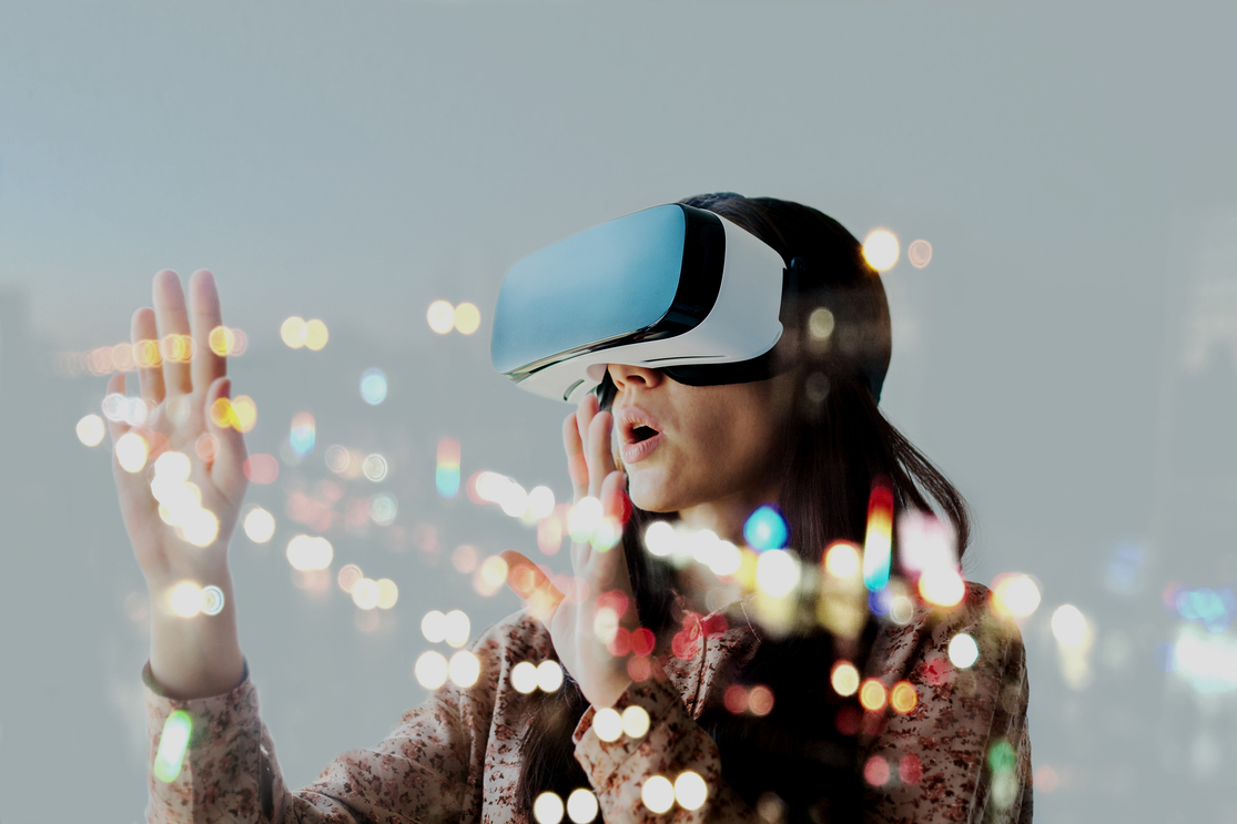 Woman With Glasses Of Virtual Reality. Future Technology Concept.