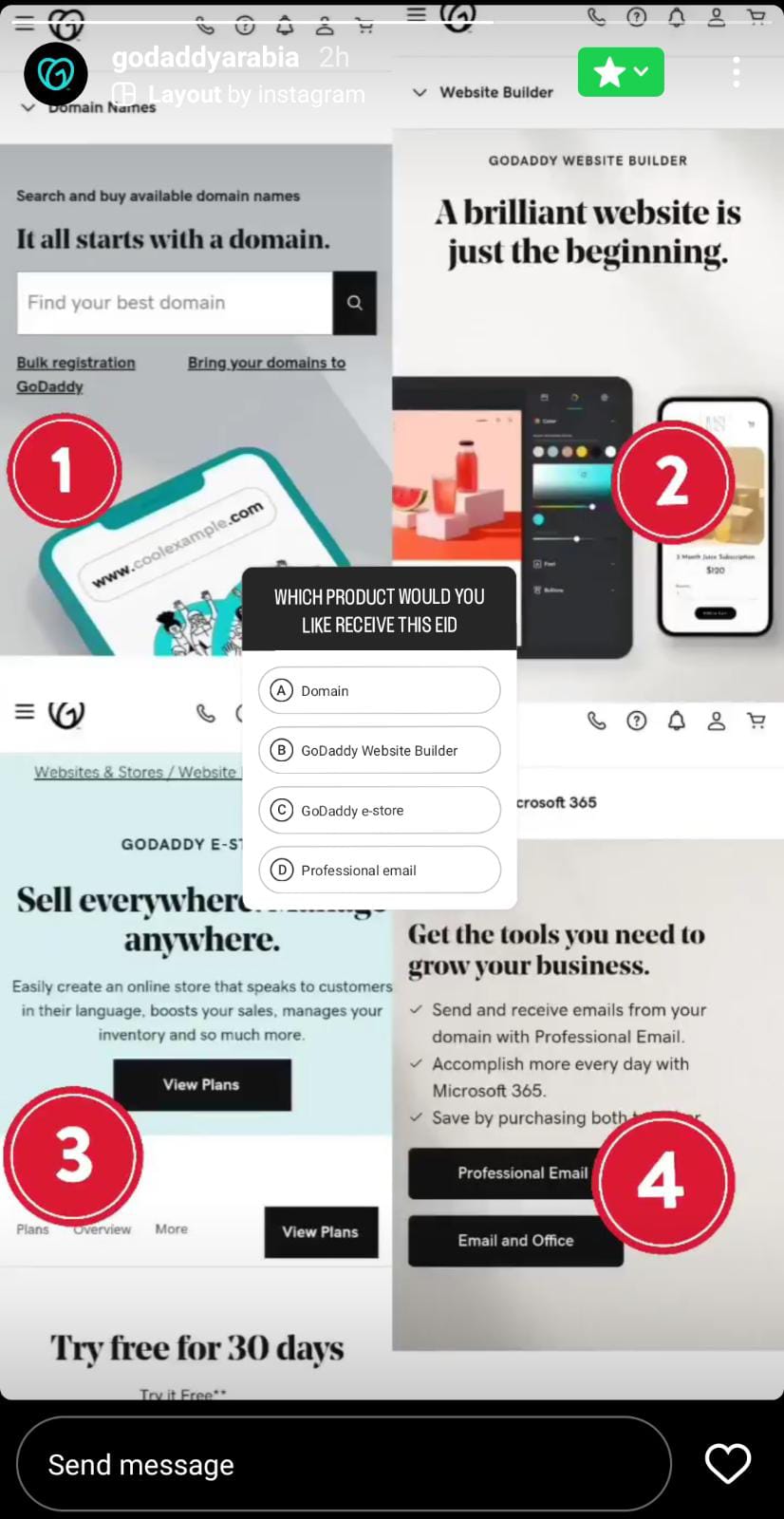 Instagram story displaying GoDaddy products with a poll asking followers which product they would like to be gifted this Eid.
