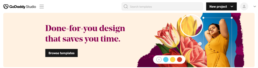 screenshot of the GoDaddy studio website preview that says browse templates