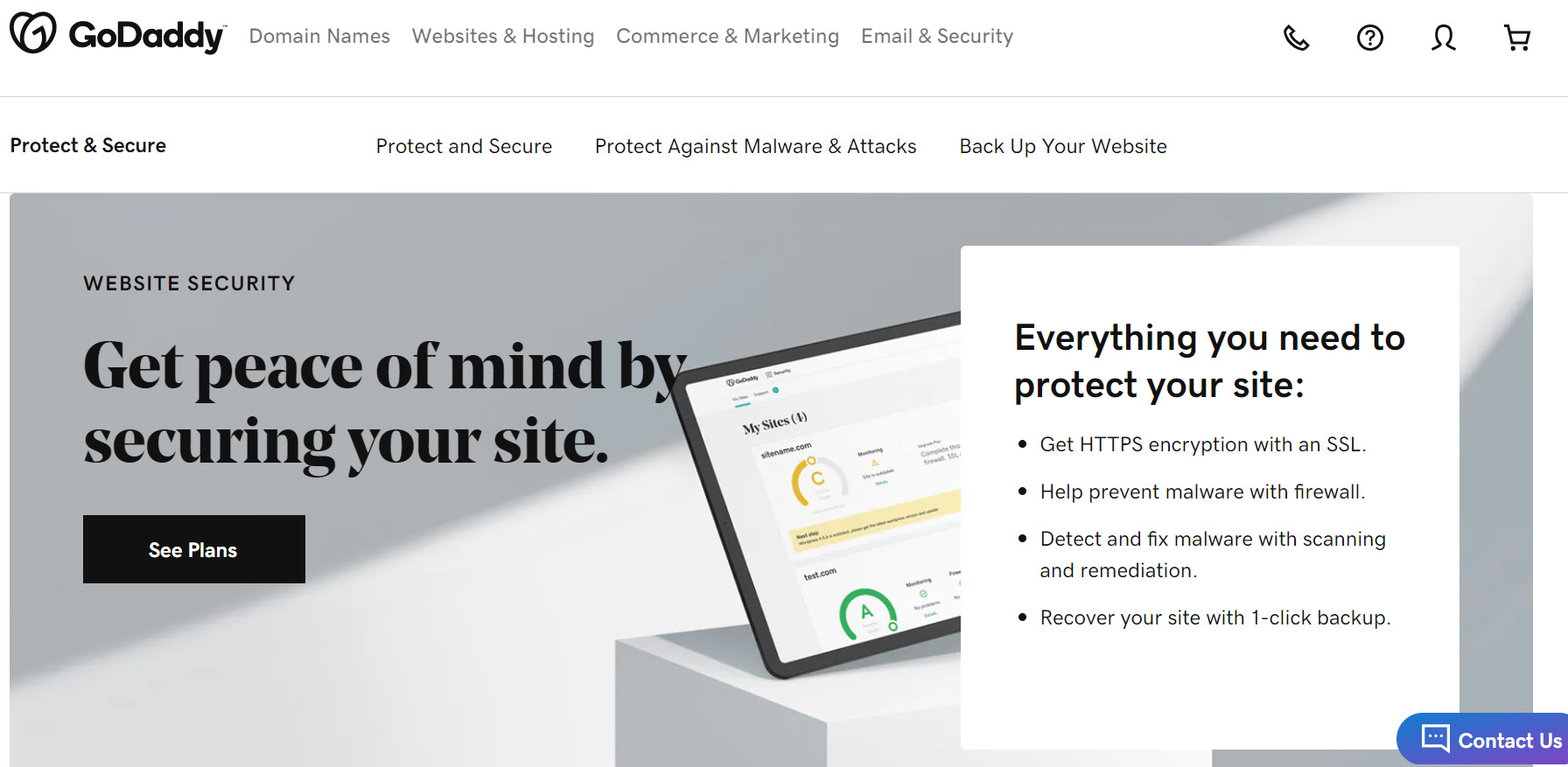 screenshot of the GoDaddy website security page