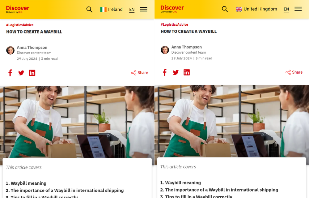 Duplicate versions of the same DHL article on the Ireland and UK versions of the site