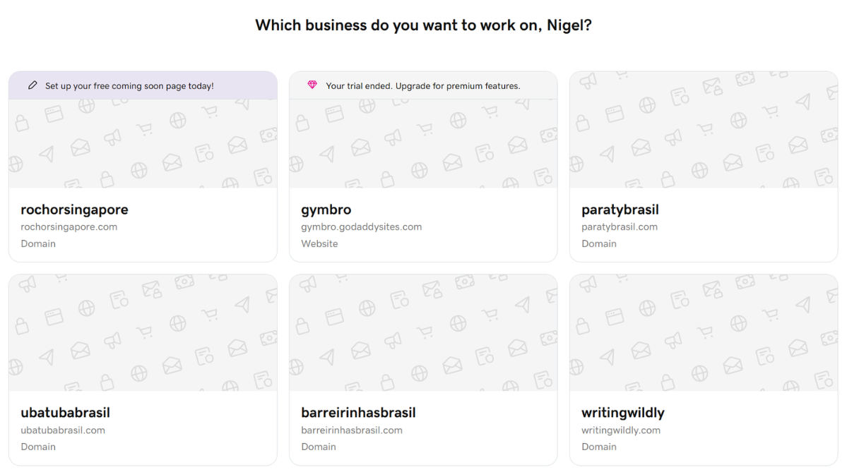 My domains on Godaddy’s domain management dashboard