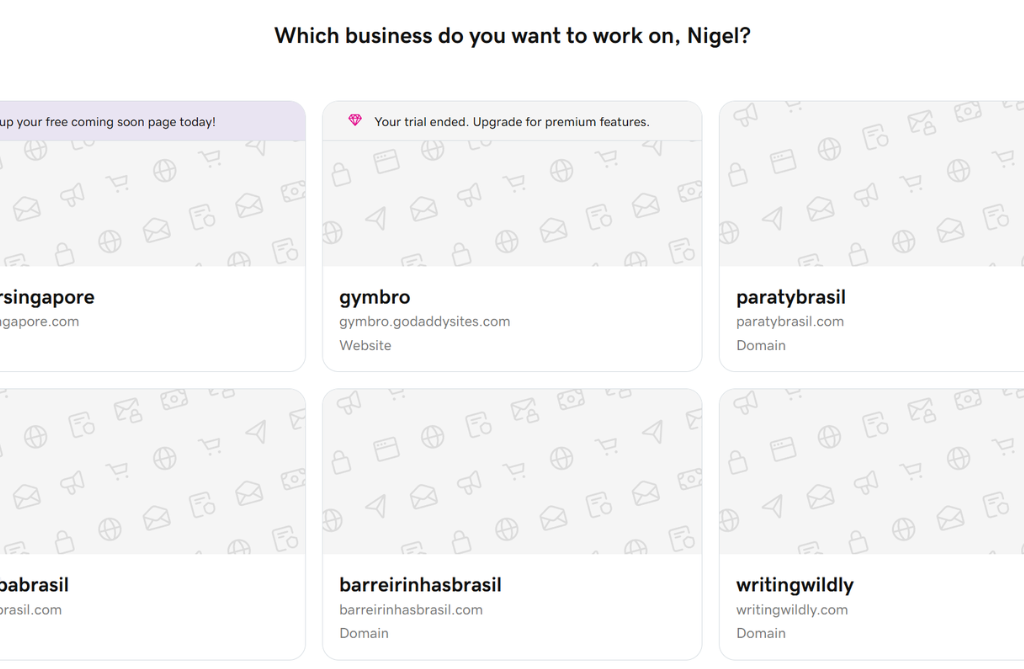 My domains on Godaddy’s domain management dashboard