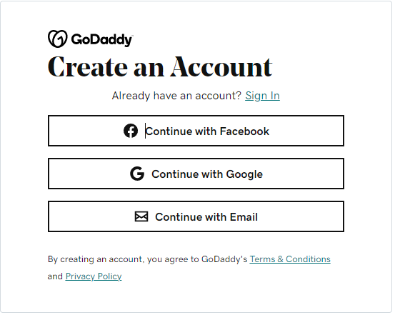 مثال لصفحة إنشاء الحساب على GoDaddy