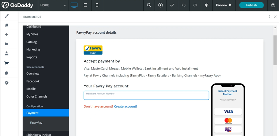 Screenshot of the GoDaddy E-store Fawry payment account configuration