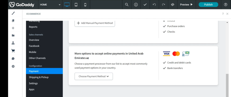 Screenshot of the GoDaddy E-store payment in the United Arab Emirates