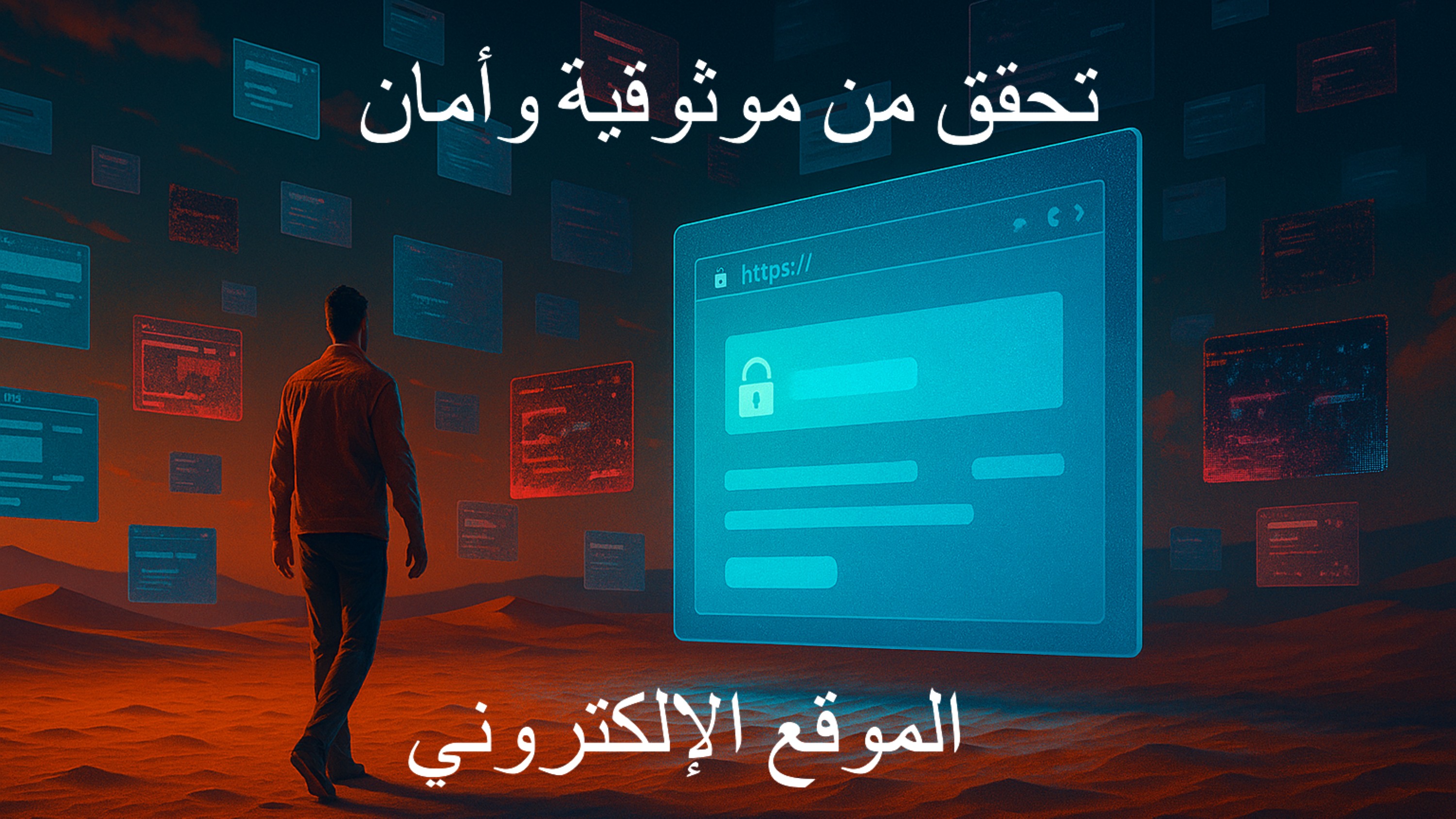 رجل يسير في صحراء رقمية تحيط به نوافذ مواقع إلكترونية عائمة، بعضها باللون الأزرق يرمز للمواقع الآمنة، وأخرى باللون الأحمر تمثل المواقع المزيفة. في المقدمة تظهر نافذة كبيرة تحتوي على رمز قفل وأحرف "https"، تعبيرًا عن التحقق من موثوقية وأمان الموقع الإلكتروني.