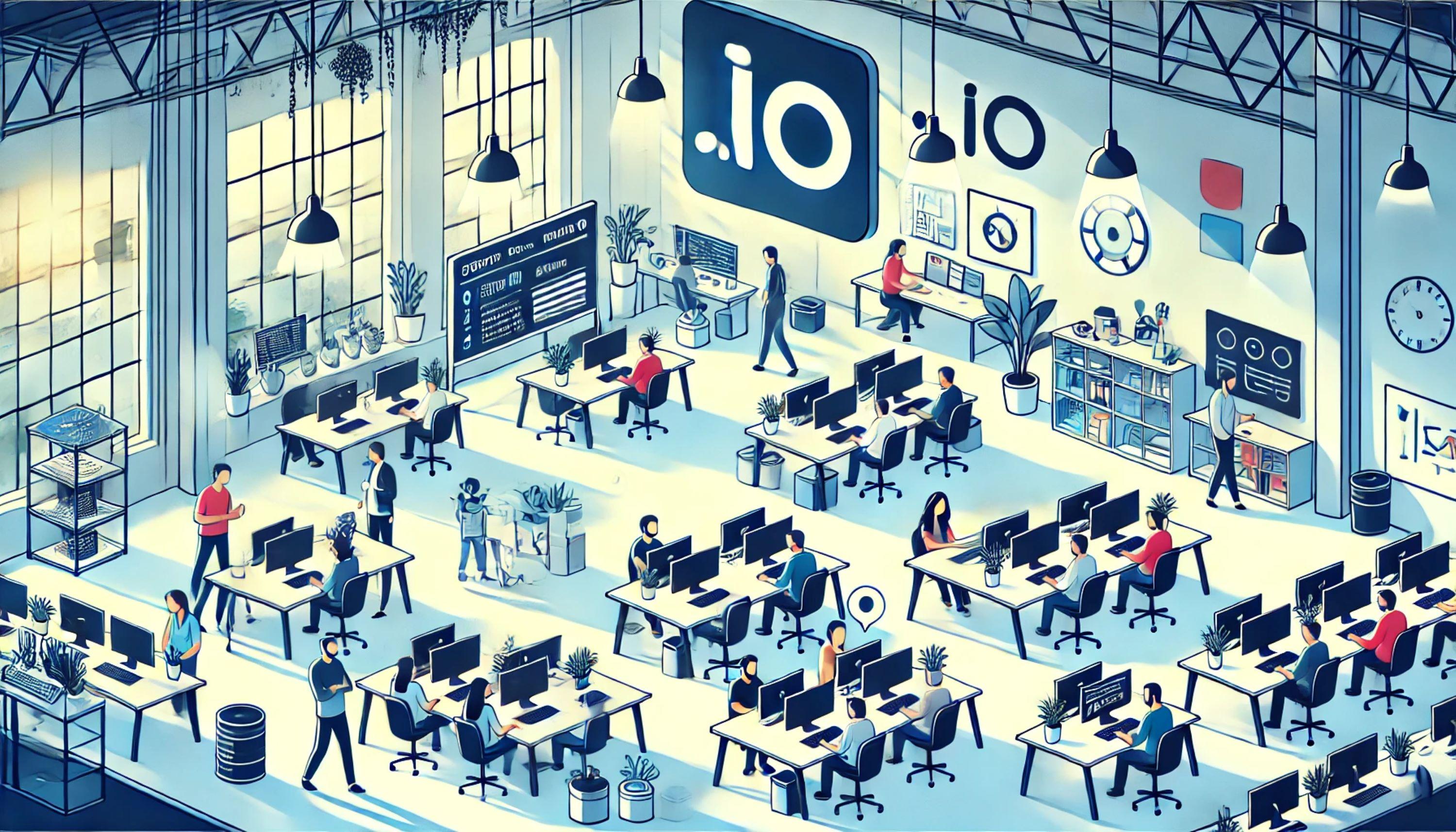 Animated illustration of a tech startup office, with .io domain extension in the middle