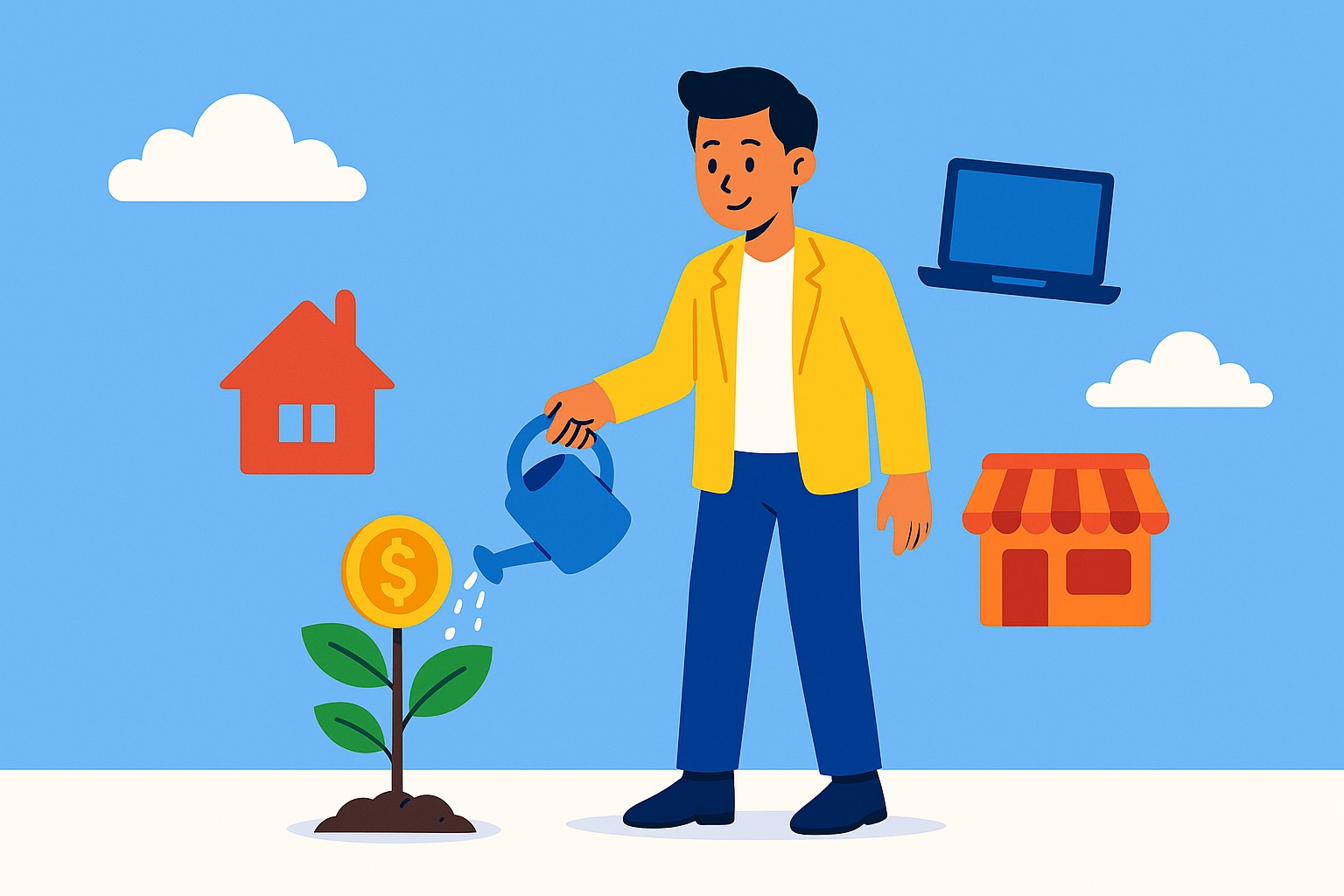 رسم توضيحي لرائد أعمال شاب يسقي شجرة نقود رمزية تمثل نمو مشروع صغير مربح، مع أيقونات منزل وحاسوب ومتجر حوله ترمز إلى أفكار مشاريع من المنزل والعمل عبر الإنترنت.