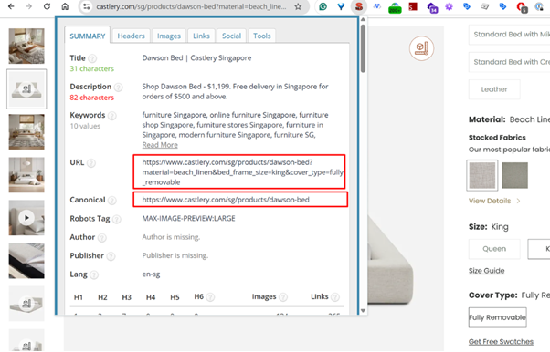 عنوان URL لصفحة منتج يحتوي على معلمات وتم توجيهه إلى صفحة المنتج الأصلية عبر Canonical