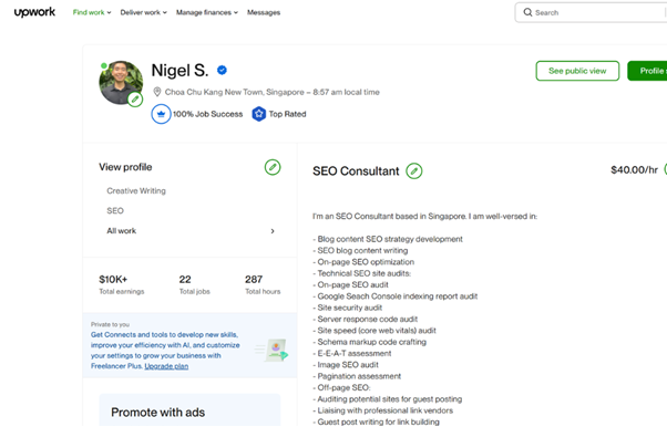 ملف خبير SEO نايجل سيه على Upwork