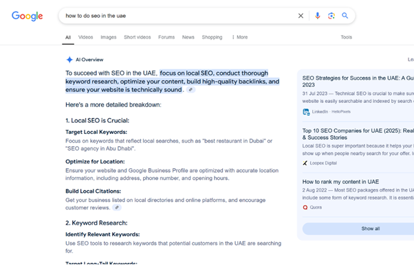 نظرة عامة على الذكاء الاصطناعي للاستعلام &quot;كيفية تحسين محركات البحث في الإمارات العربية المتحدة&quot;